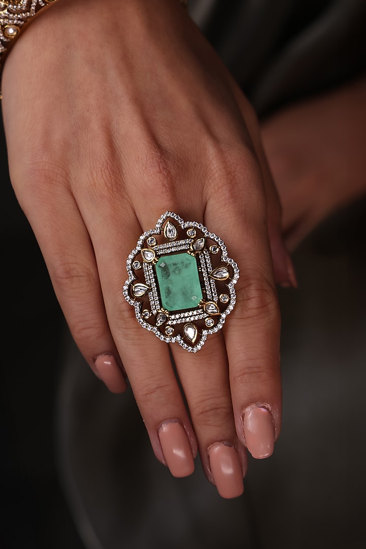 Yellow Gold Finish Kundan Polki & Aqua Stone Ring by Joules By Radhika at Pernia's Pop Up Shop