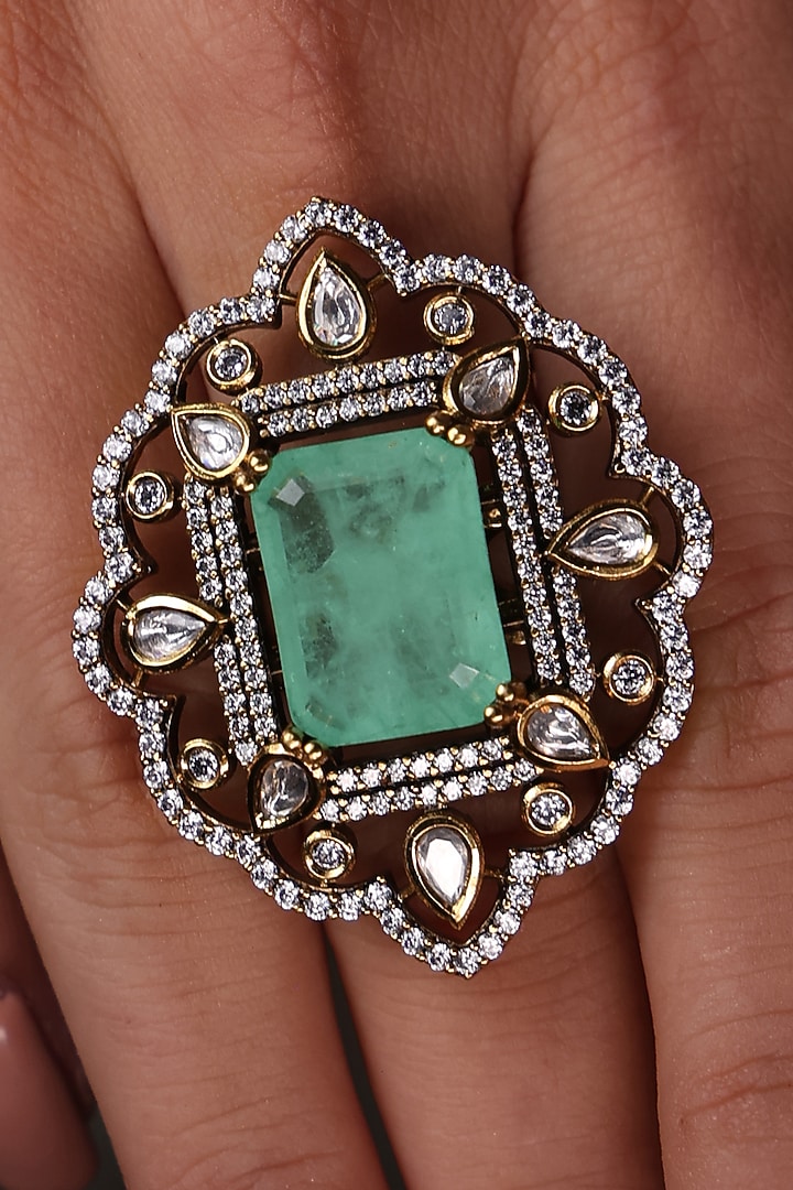 Yellow Gold Finish Kundan Polki & Aqua Stone Ring by Joules By Radhika at Pernia's Pop Up Shop