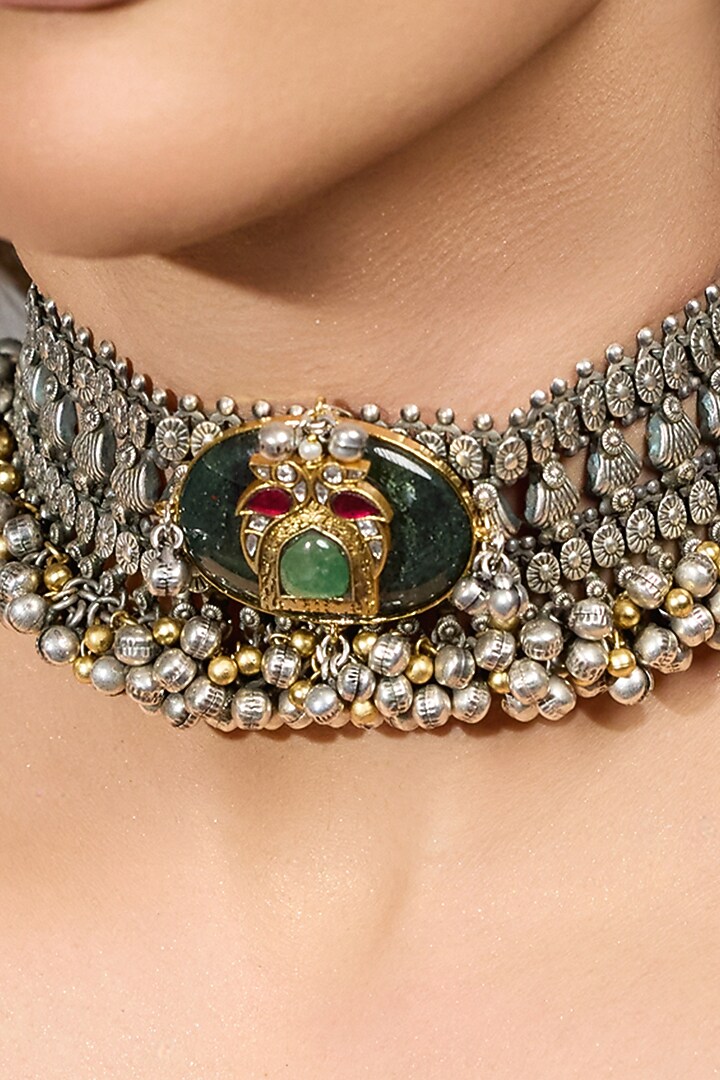 Oxidised Silver Finish Floral Necklace by Joules By Radhika at Pernia's Pop Up Shop