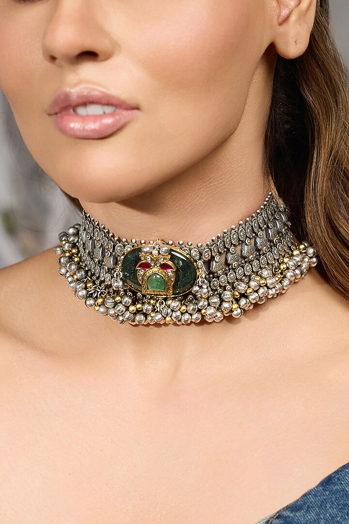 Oxidised Silver Finish Floral Necklace by Joules By Radhika at Pernia's Pop Up Shop