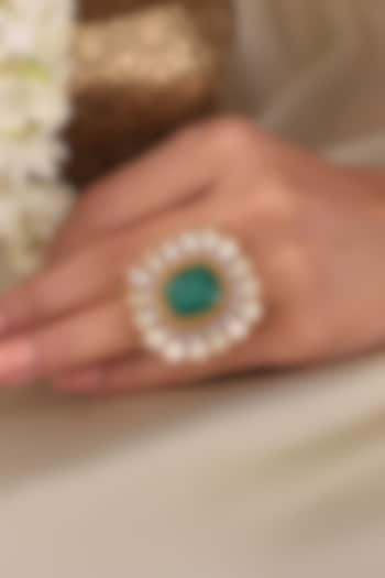 Yellow Gold Finish Kundan Polki & Emerald Stone Ring by Joules By Radhika at Pernia's Pop Up Shop