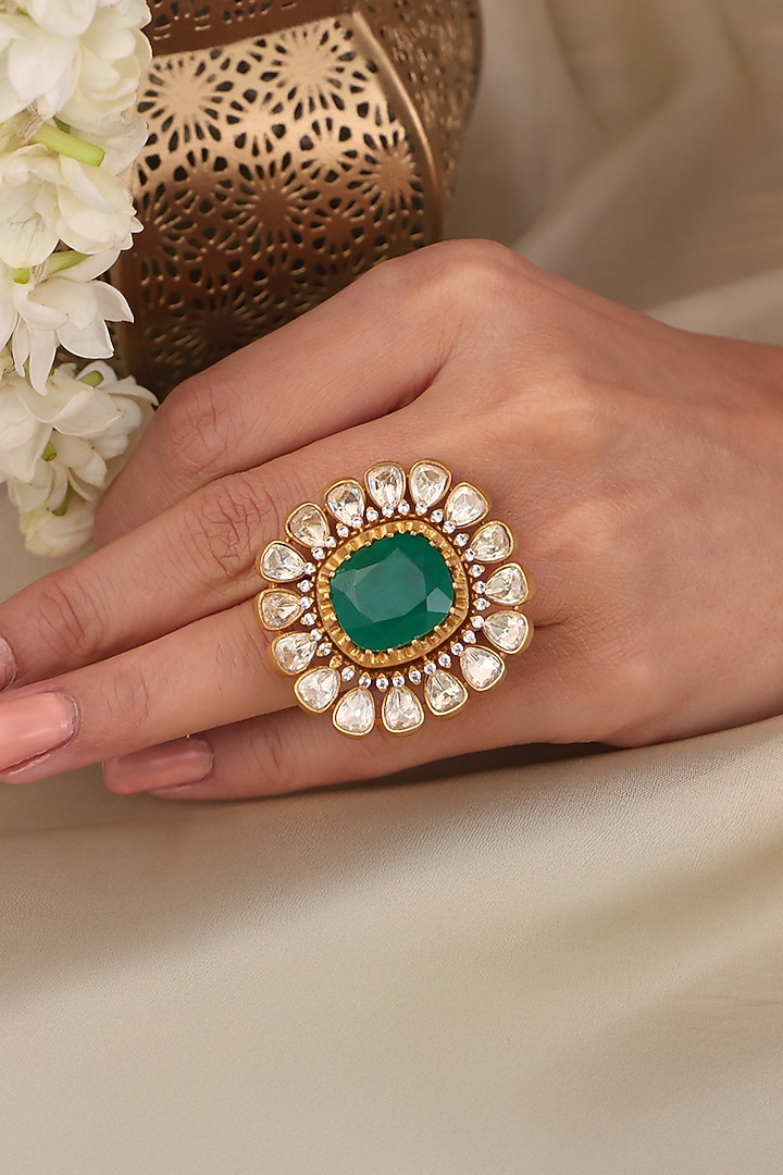 Yellow Gold Finish Kundan Polki & Emerald Stone Ring by Joules By Radhika at Pernia's Pop Up Shop