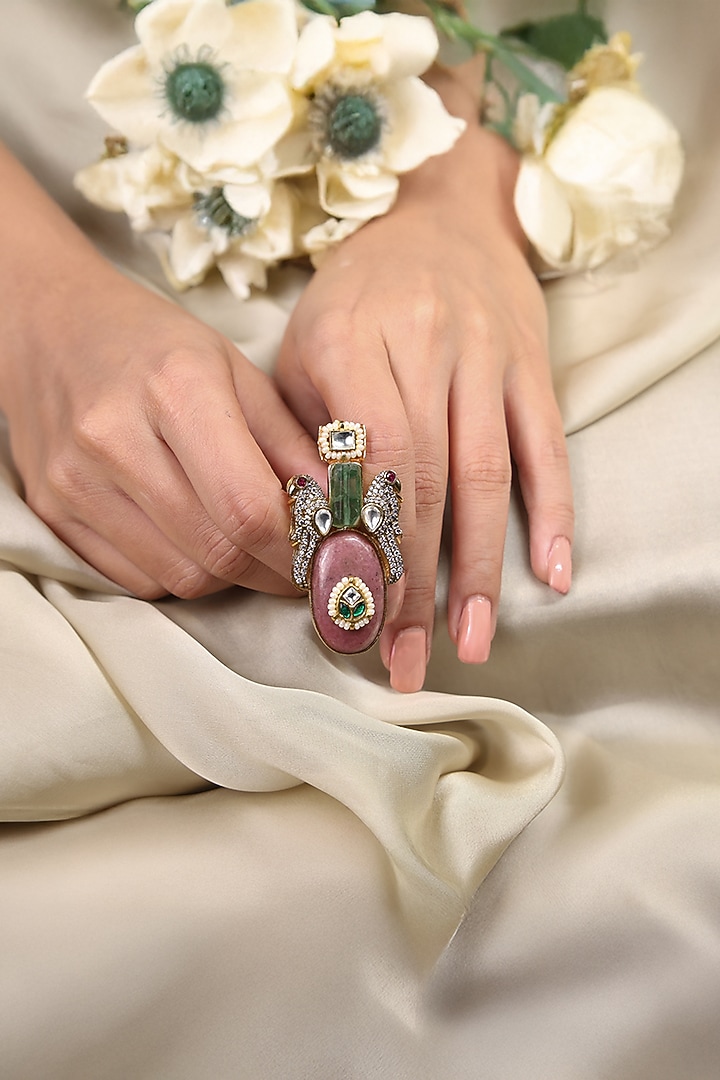 Yellow Gold Finish Multi-Colored Kundan Polki Ring by Joules By Radhika at Pernia's Pop Up Shop