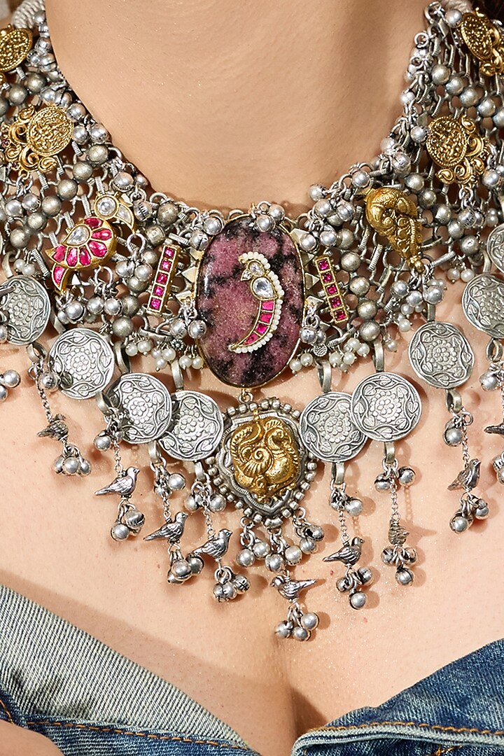 Oxidised Silver Finish Brass Necklace by Joules By Radhika at Pernia's Pop Up Shop