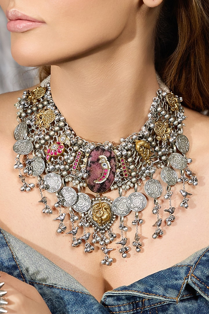 Oxidised Silver Finish Brass Necklace by Joules By Radhika at Pernia's Pop Up Shop