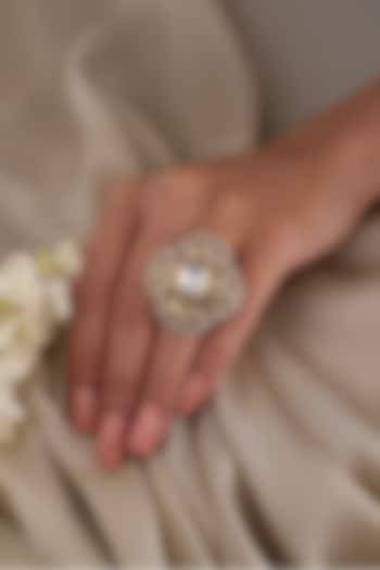 Yellow Gold Finish White Stone Ring by Joules By Radhika at Pernia's Pop Up Shop