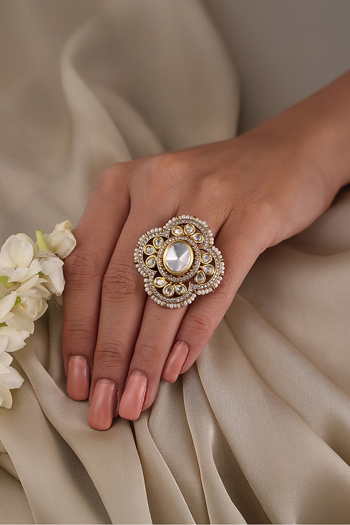 Yellow Gold Finish White Stone Ring by Joules By Radhika at Pernia's Pop Up Shop