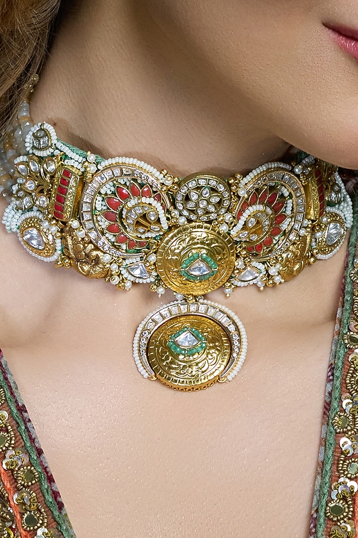 Yellow Gold Finish Teardrop Motif Choker Necklace by Joules By Radhika at Pernia's Pop Up Shop