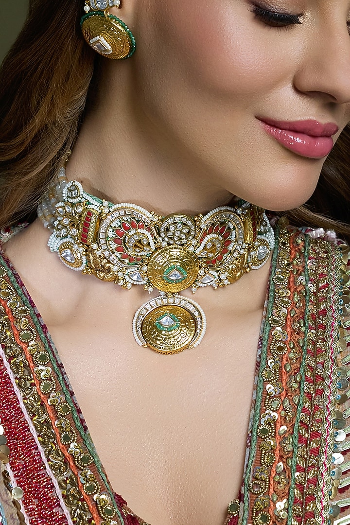 Yellow Gold Finish Teardrop Motif Choker Necklace by Joules By Radhika at Pernia's Pop Up Shop