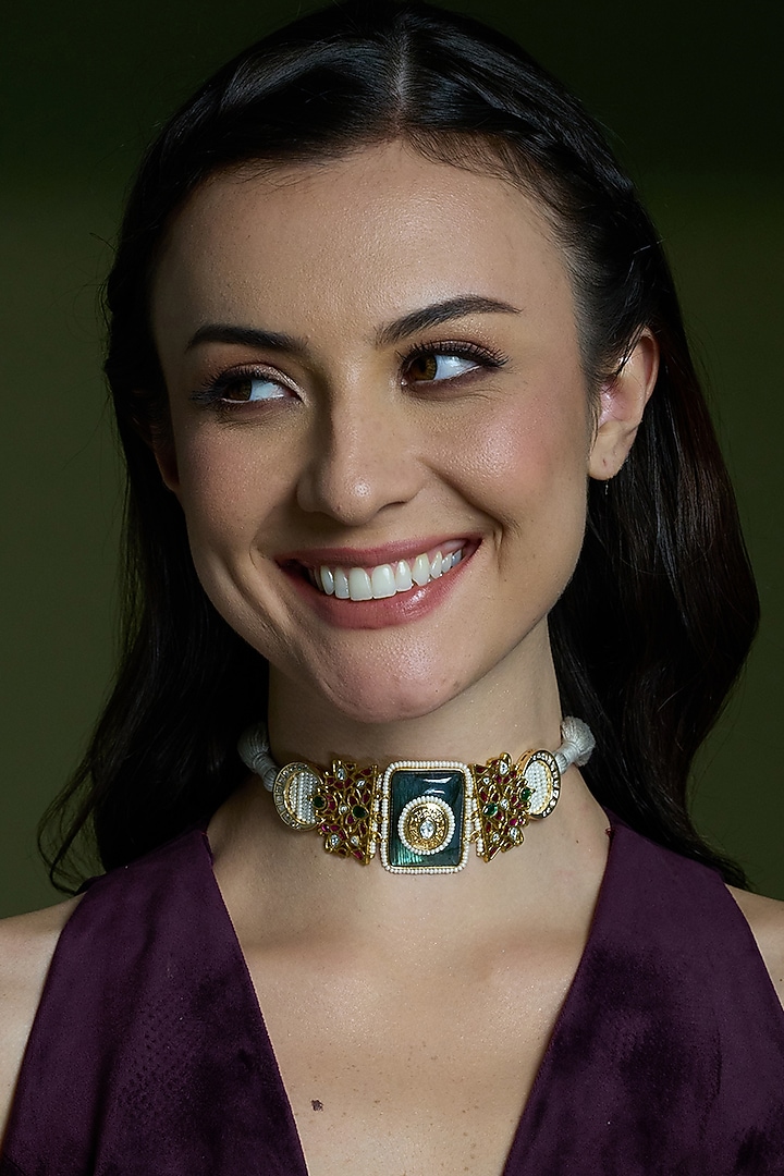 Yellow Gold Finish Blue Stone Choker Necklace by Joules By Radhika at Pernia's Pop Up Shop