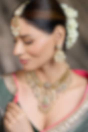 Gold Finish Crimson Stone Filigree Necklace Set by Joules By Radhika at Pernia's Pop Up Shop