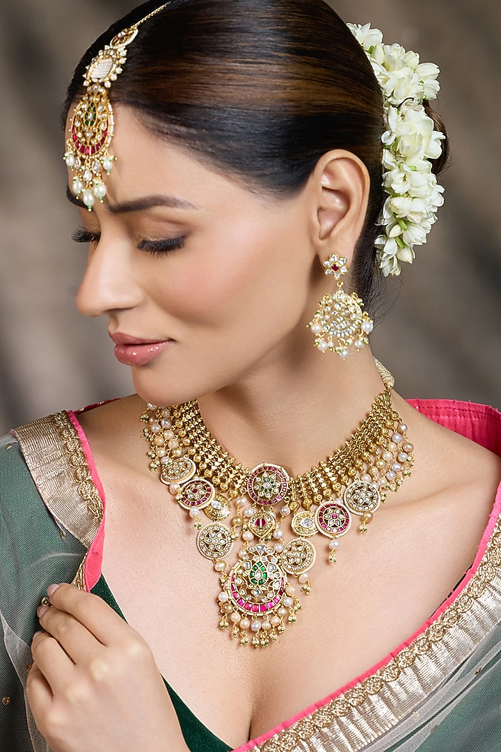 Gold Finish Crimson Stone Filigree Necklace Set by Joules By Radhika at Pernia's Pop Up Shop