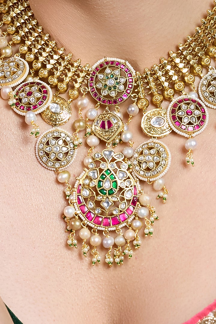 Gold Finish Crimson Stone Filigree Necklace Set by Joules By Radhika at Pernia's Pop Up Shop