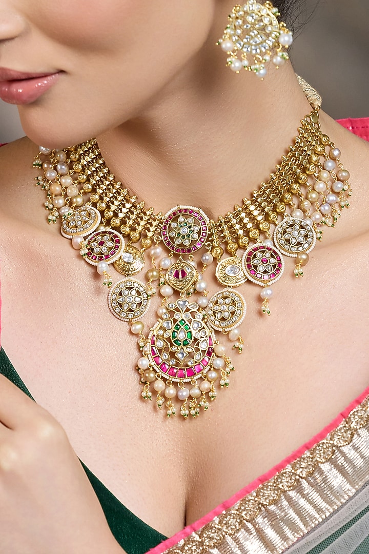 Gold Finish Crimson Stone Filigree Necklace Set by Joules By Radhika at Pernia's Pop Up Shop