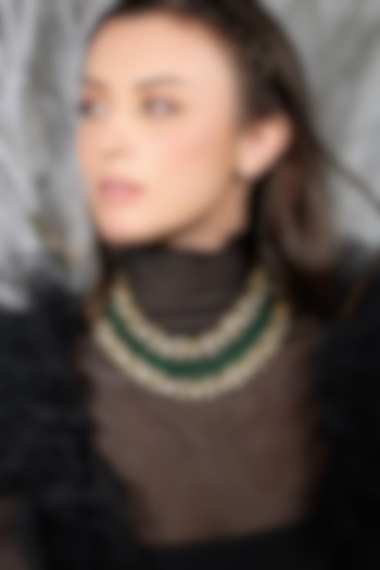 Yellow Gold Finish Green Kundan Polki & Beaded Necklace by Joules By Radhika at Pernia's Pop Up Shop