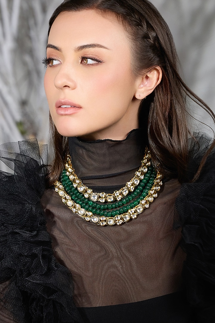 Yellow Gold Finish Green Kundan Polki & Beaded Necklace by Joules By Radhika at Pernia's Pop Up Shop