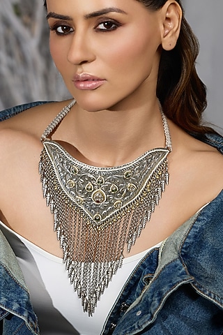 Oxidised Silver Finish Green Stone Choker Necklace by Joules By Radhika
