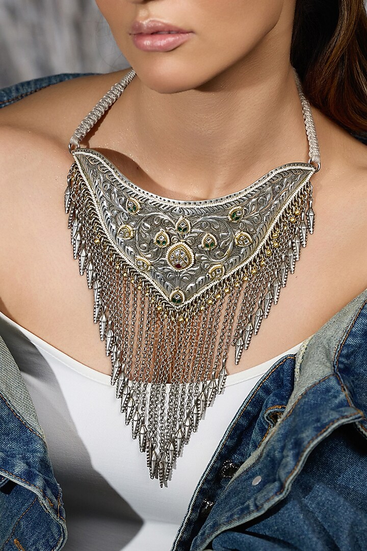 Oxidised Silver Finish Green Stone Choker Necklace by Joules By Radhika at Pernia's Pop Up Shop