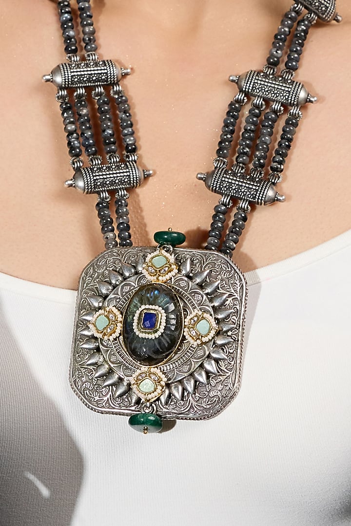 Oxidised Silver Finish Beaded Pendant Necklace by Joules By Radhika at Pernia's Pop Up Shop