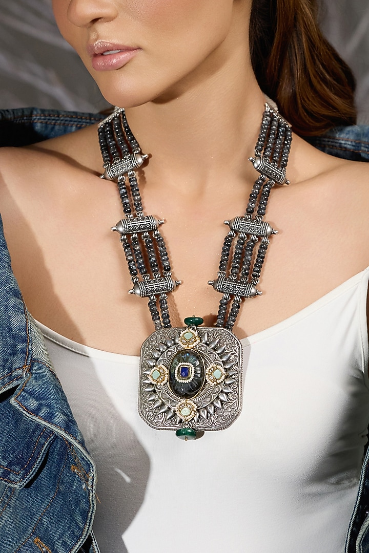 Oxidised Silver Finish Beaded Pendant Necklace by Joules By