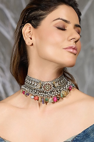 Oxidised Silver Finish Multi-Colored Beaded Choker Necklace by Joules By Radhika
