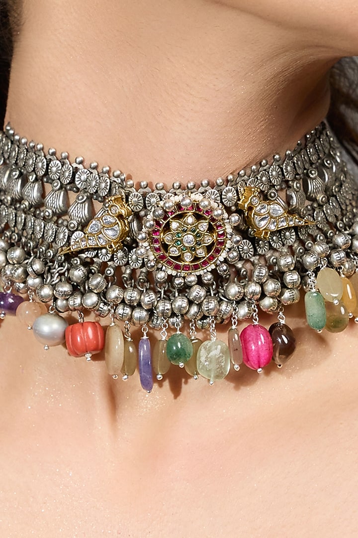 Oxidised Silver Finish Multi-Colored Beaded Choker Necklace by Joules By Radhika at Pernia's Pop Up Shop