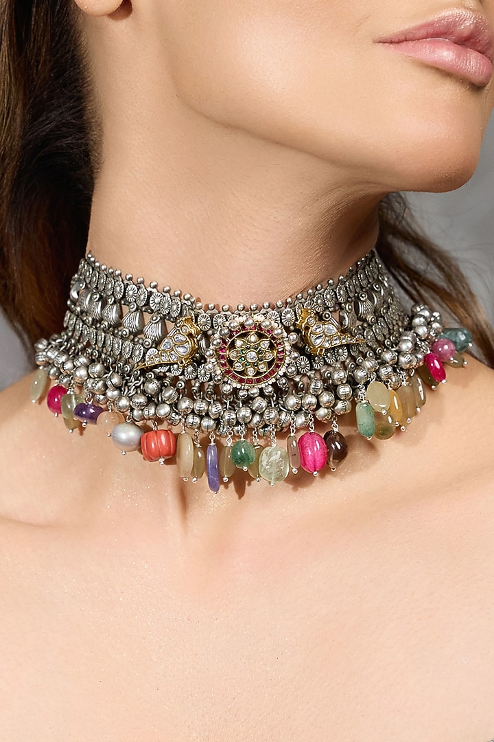 Oxidised Silver Finish Multi-Colored Beaded Choker Necklace by Joules By Radhika at Pernia's Pop Up Shop