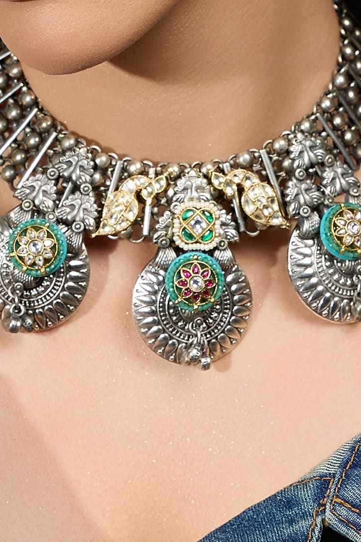 Oxidised Silver Finish Coin Necklace by Joules By Radhika at Pernia's Pop Up Shop