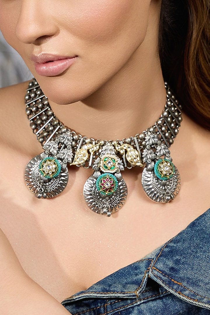 Oxidised Silver Finish Coin Necklace by Joules By Radhika at Pernia's Pop Up Shop