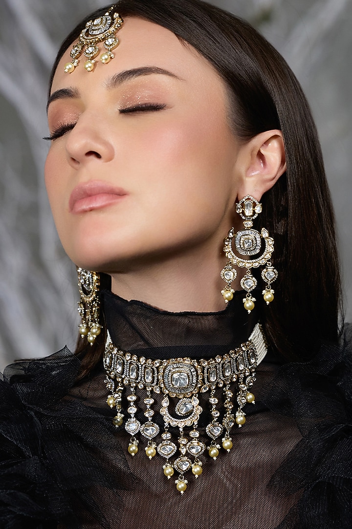 Gold Finish White Stone Choker Necklace Set by Joules By Radhika