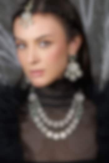 Gold Finish Kundan Polki & Green Stone Layered Necklace Set by Joules By Radhika at Pernia's Pop Up Shop