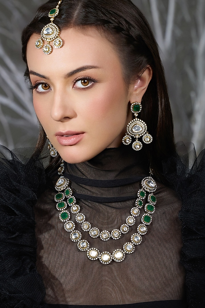 Gold Finish Kundan Polki & Green Stone Layered Necklace Set by Joules By Radhika at Pernia's Pop Up Shop