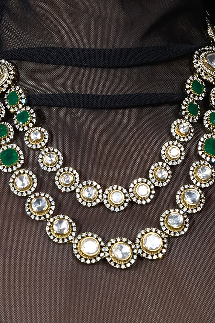 Gold Finish Kundan Polki & Green Stone Layered Necklace Set by Joules By Radhika at Pernia's Pop Up Shop