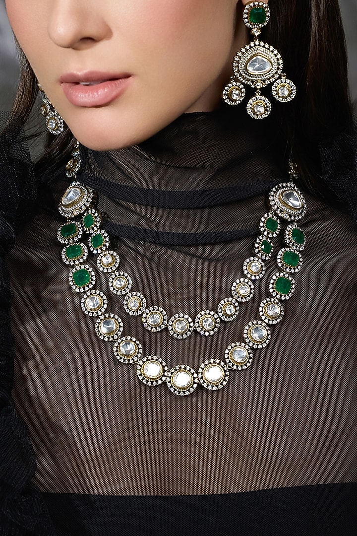 Gold Finish Kundan Polki & Green Stone Layered Necklace Set by Joules By Radhika at Pernia's Pop Up Shop