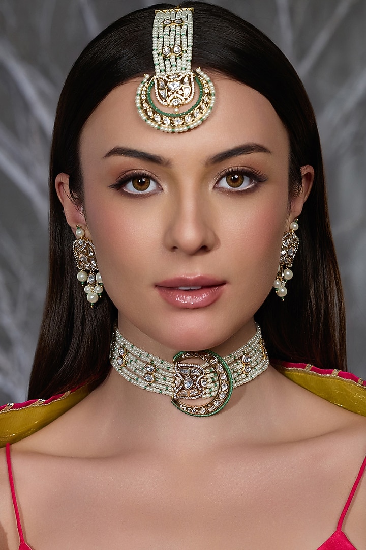 Gold Finish Pearl Necklace Set by Joules By Radhika at Pernia's Pop Up Shop