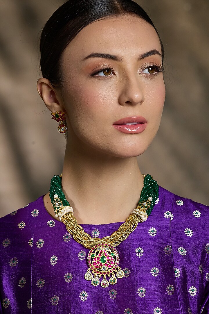 Gold Finish Green & Red Gemstone Necklace Set by Joules By Radhika at Pernia's Pop Up Shop