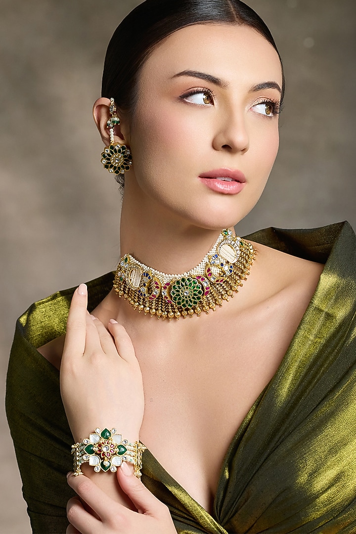 Gold Finish Green & Red Beaded Necklace Set by Joules By Radhika at Pernia's Pop Up Shop