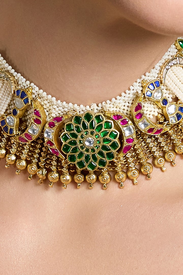 Gold Finish Green & Red Beaded Necklace Set by Joules By Radhika at Pernia's Pop Up Shop