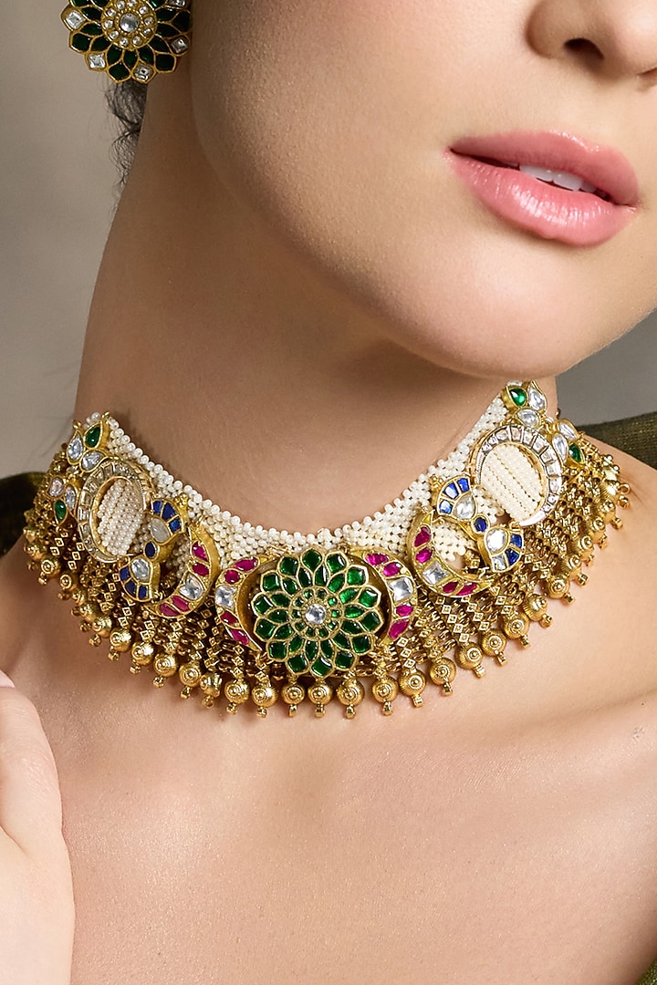 Gold Finish Green & Red Beaded Necklace Set by Joules By Radhika at Pernia's Pop Up Shop