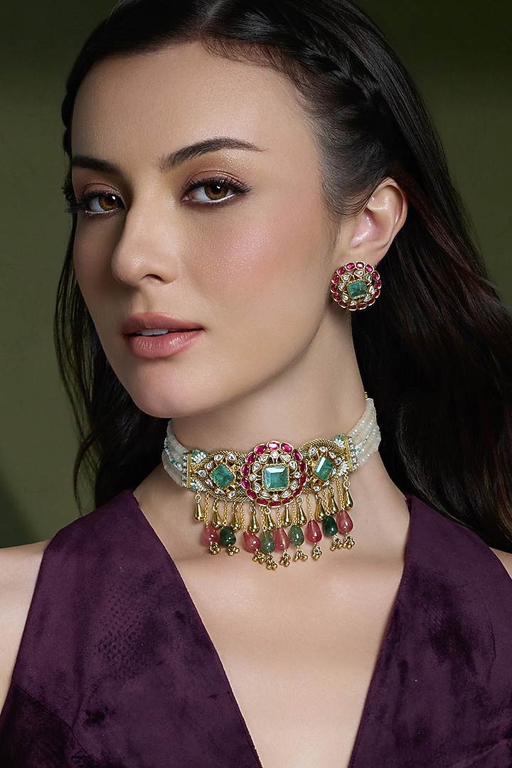 Gold Finish Pink & Green Gemstone Necklace Set by Joules By Radhika at Pernia's Pop Up Shop