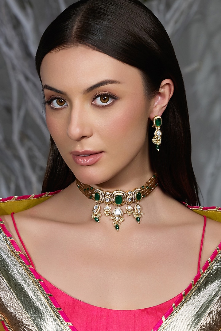 Gold Finish Deep Green Stone Necklace Set by Joules By Radhika at Pernia's Pop Up Shop