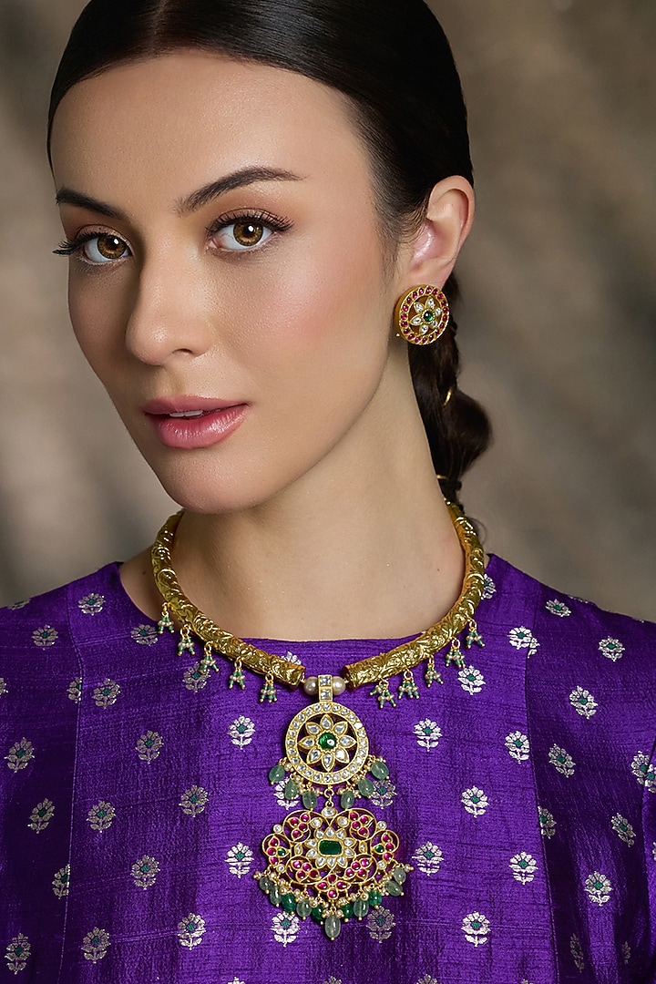 Gold Finish Red & Green Stone Temple Pendant Necklace Set by Joules By Radhika at Pernia's Pop Up Shop