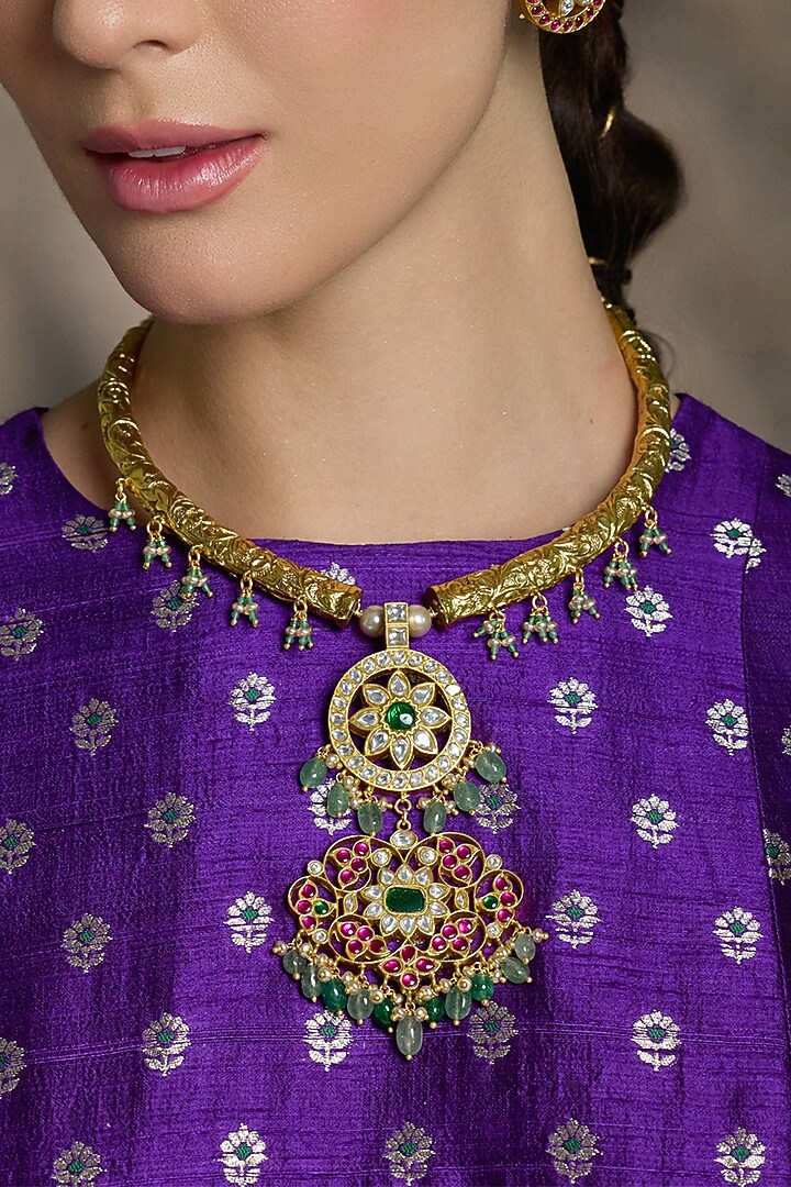 Gold Finish Red & Green Stone Temple Pendant Necklace Set by Joules By Radhika at Pernia's Pop Up Shop