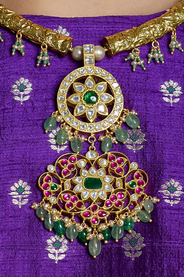 Gold Finish Red & Green Stone Temple Pendant Necklace Set by Joules By Radhika at Pernia's Pop Up Shop