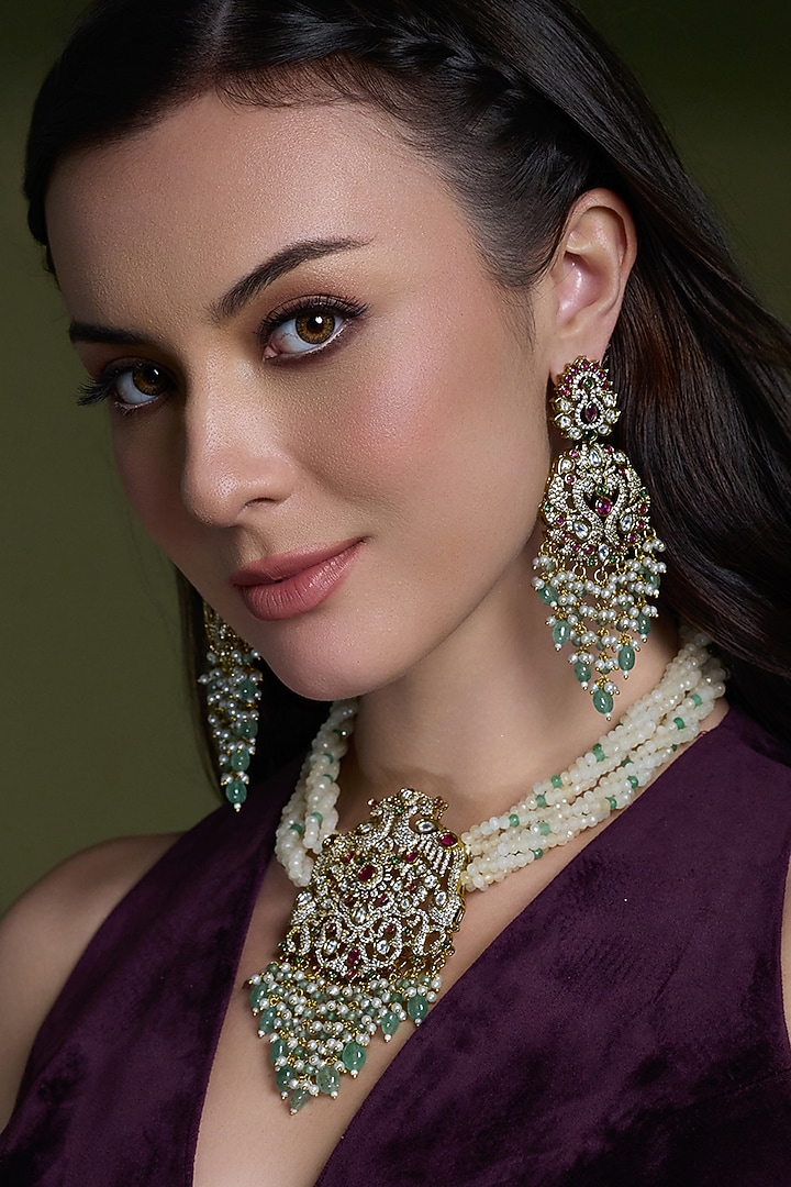 Gold Finish Ruby & Emerald Stone Necklace Set by Joules By Radhika at Pernia's Pop Up Shop