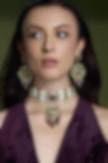 Gold Finish Red & Green Kundan Polki Choker Necklace Set by Joules By Radhika at Pernia's Pop Up Shop