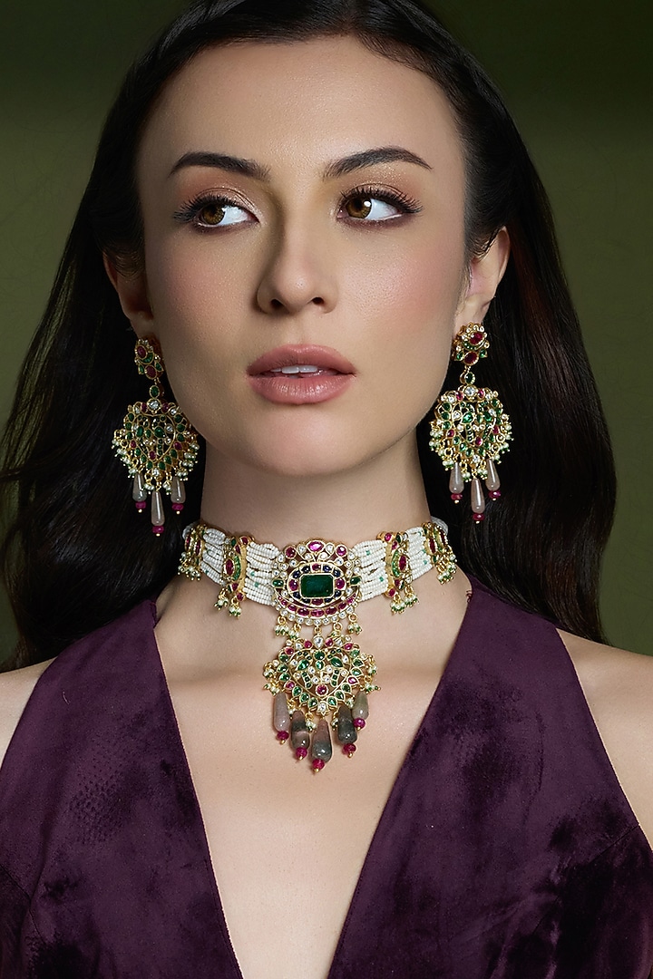 Gold Finish Red & Green Kundan Polki Choker Necklace Set by Joules By Radhika at Pernia's Pop Up Shop