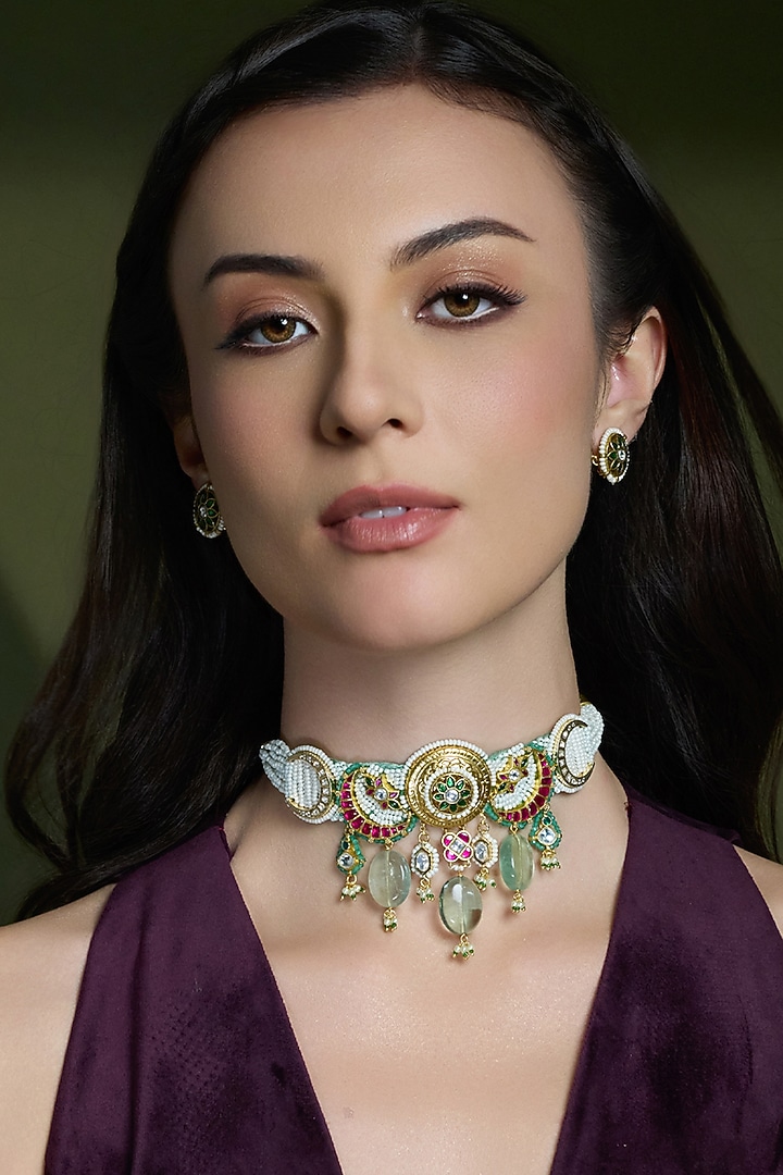 Gold Finish Kundan Polki Floral Choker Necklace Set by Joules By Radhika at Pernia's Pop Up Shop