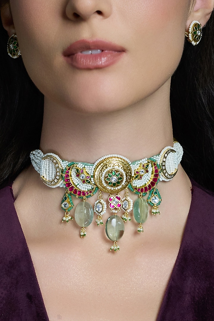 Gold Finish Kundan Polki Floral Choker Necklace Set by Joules By Radhika at Pernia's Pop Up Shop