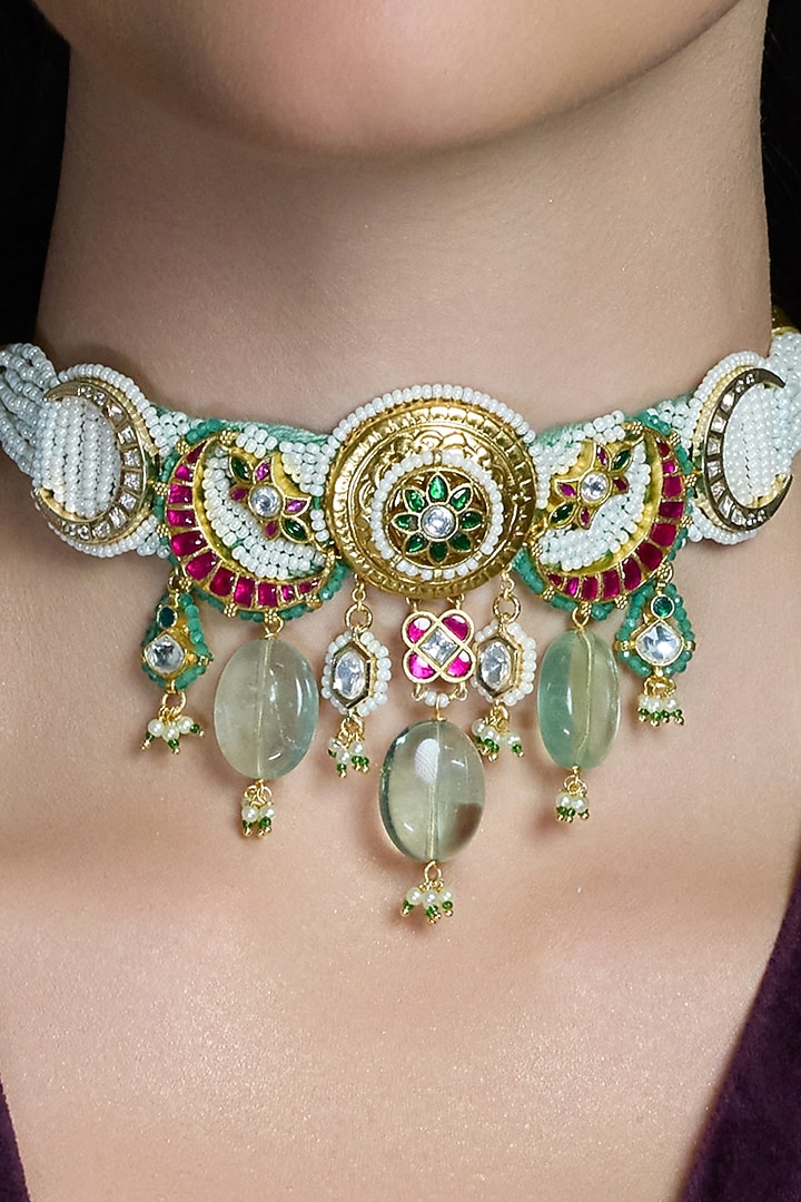 Gold Finish Kundan Polki Floral Choker Necklace Set by Joules By Radhika at Pernia's Pop Up Shop